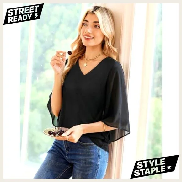 3/4 Sleeve V-Neck Chiffon Blouse Double Layer Casual Dressy Top - Picture 5 of 7